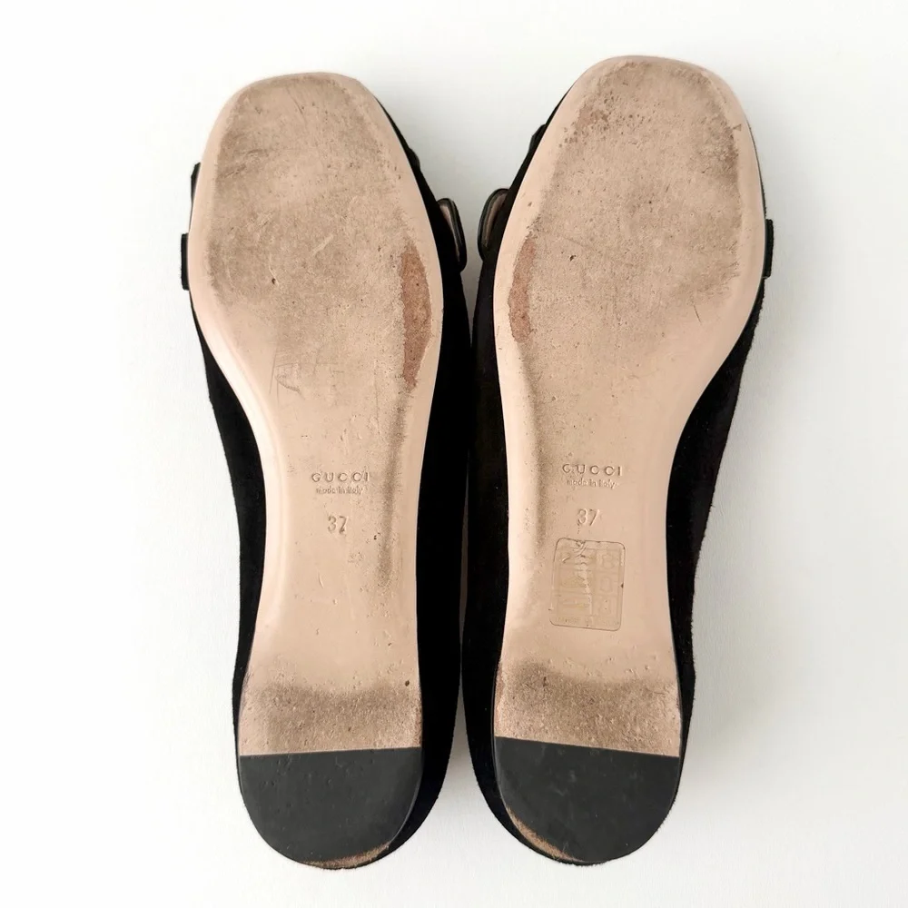 GUCCI‎ | Marmont GG Fringe Suede Ballet Flats Black Gold Logo Size 37